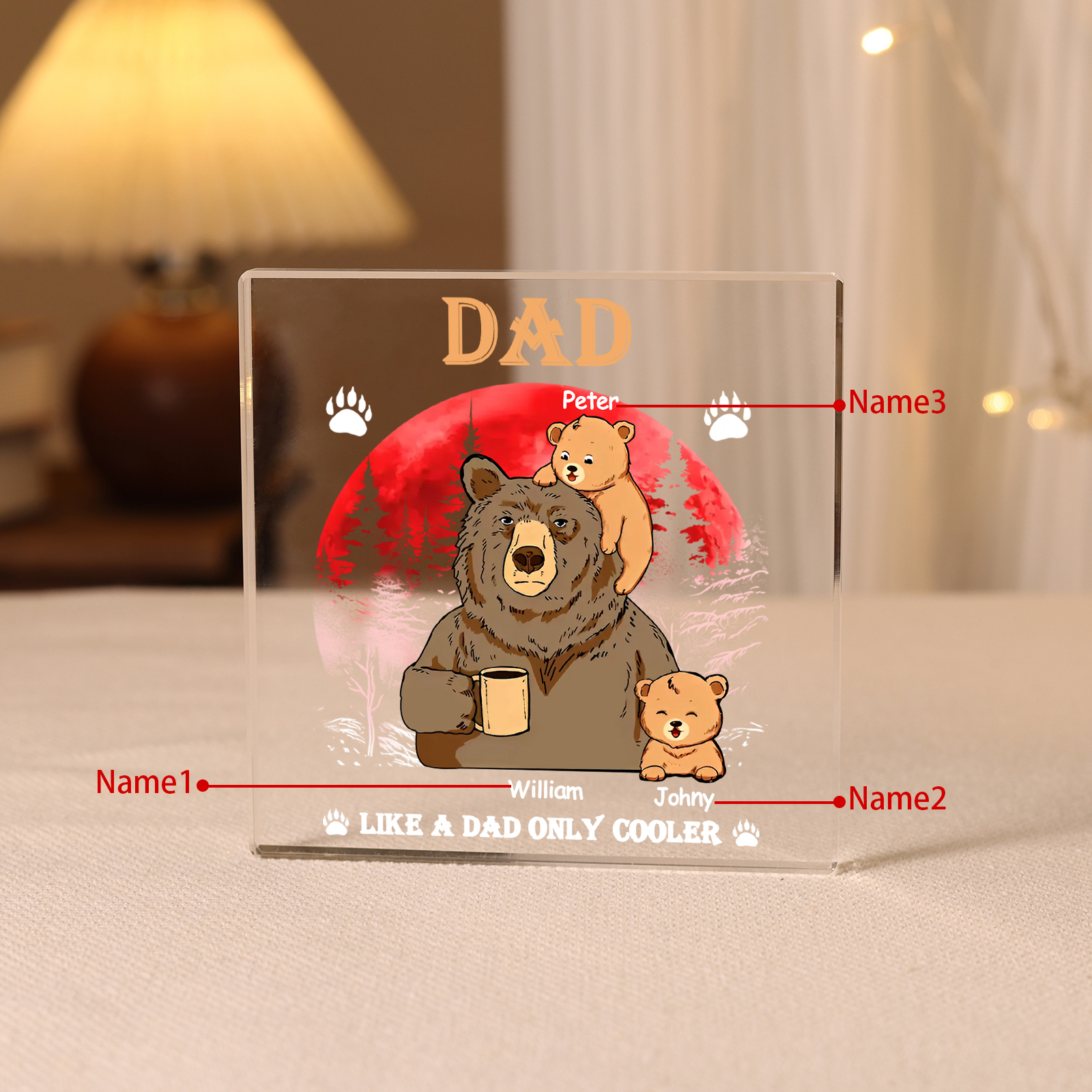 3 Names - Personalised Bear Family Pattern Custom Name Acrylic Square Ornament Father's Day Gift