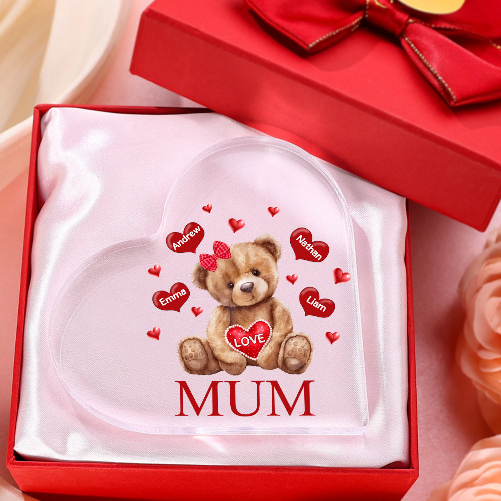 4 Names-Personalised Mum Acrylic Heart Keepsake Custom Text Love Teddy Bear Ornaments Gifts Set With Gift Box for Grandma/Mother