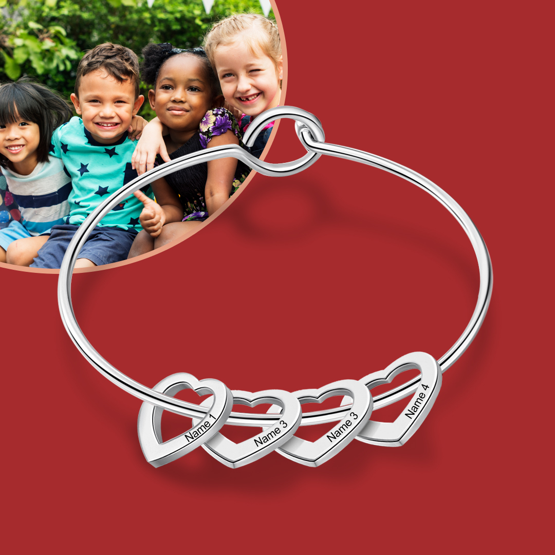 Personalised 4 Names Kids Bracelet Custom Engraved Heart Shaped Charm Bracelet - Christmas Gift for Girl