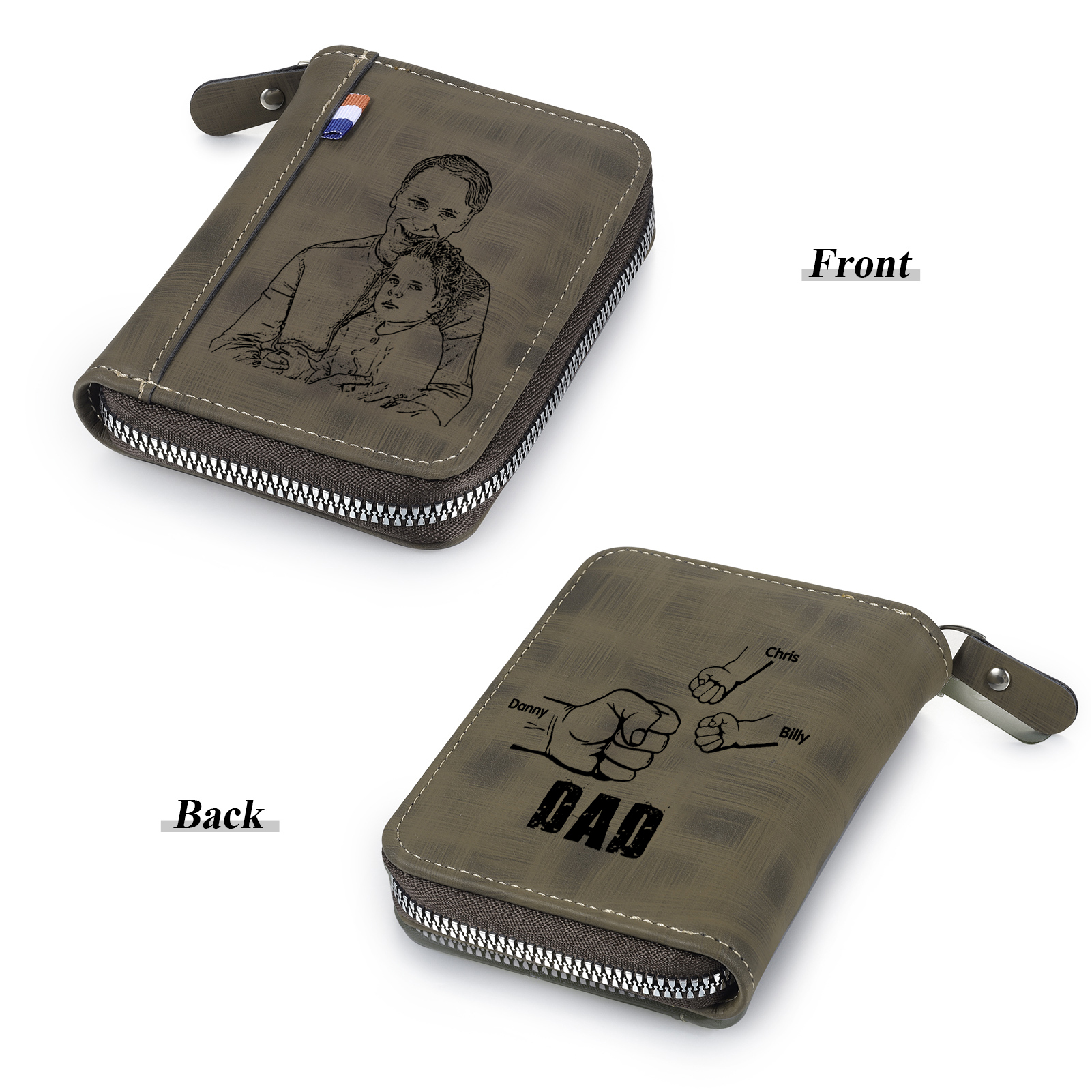 3 Names - Personalised Fist Bump Fist Bump Photo Custom Leather Men's Zipper Wallet as a Father's Day Gift for Dad