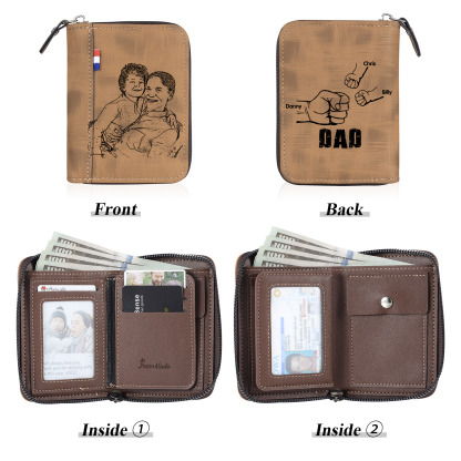 3 Names - Personalised Fist Bump Fist Bump Photo Custom Leather Men's Zipper Wallet as a Father's Day Gift for Dad
