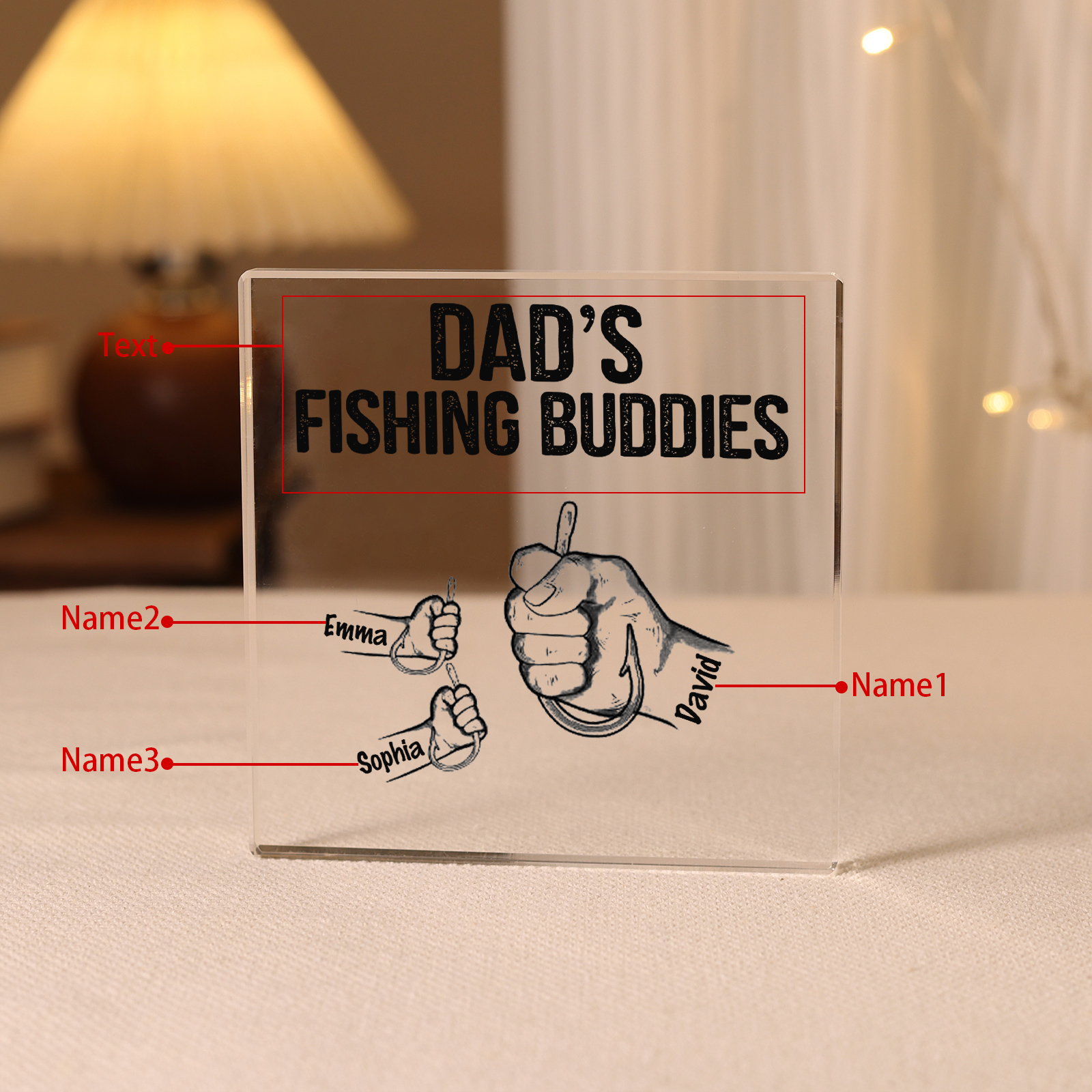 3 Names - Personalised Fishhook Fist Bump Pattern Family Acrylic Keepsake Customized Name Acrylic Home Decor Gift for Dad