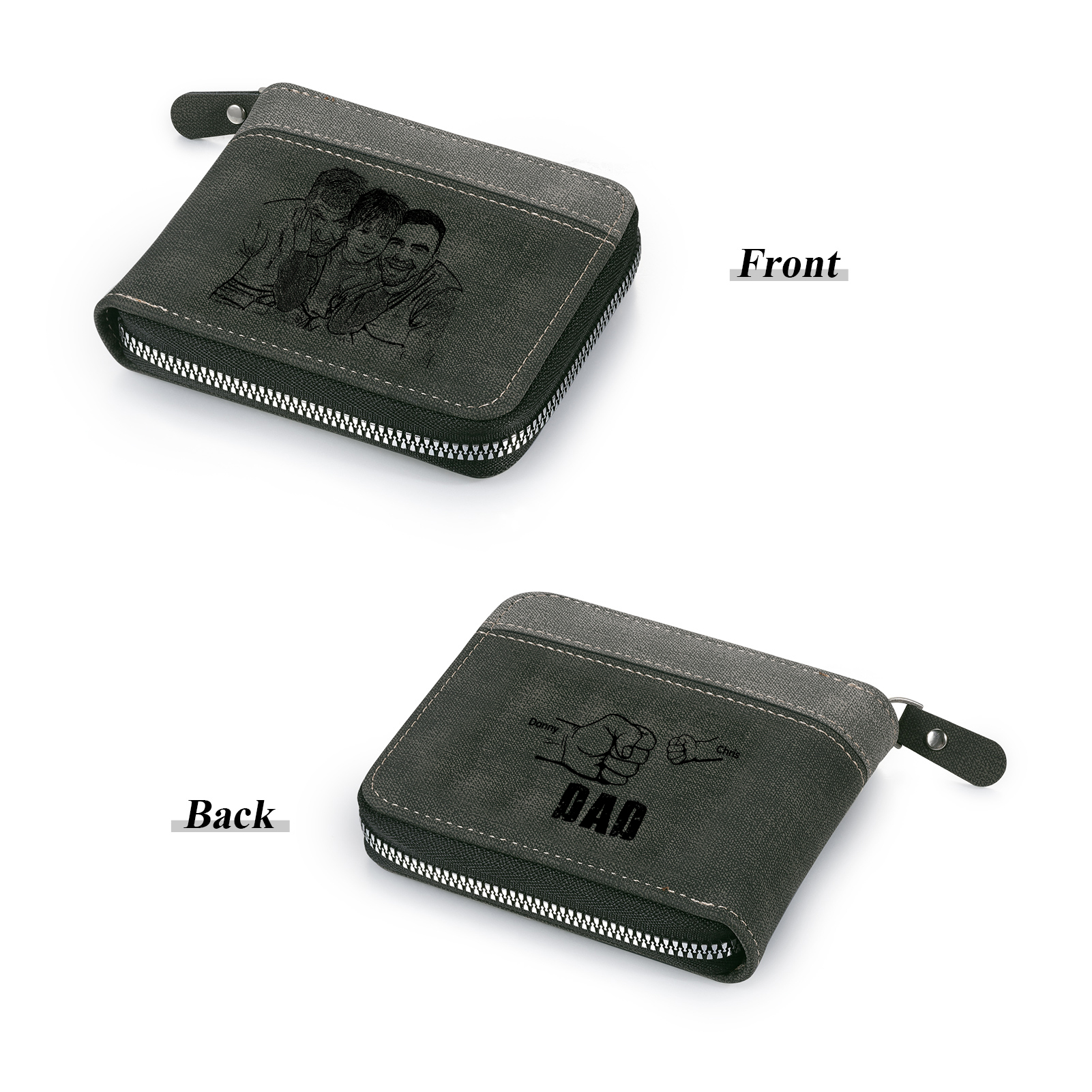 2 Names - Personalised Fist Bump Photo Custom Leather Men's Zipper Wallet as a Father's Day Gift for Dad