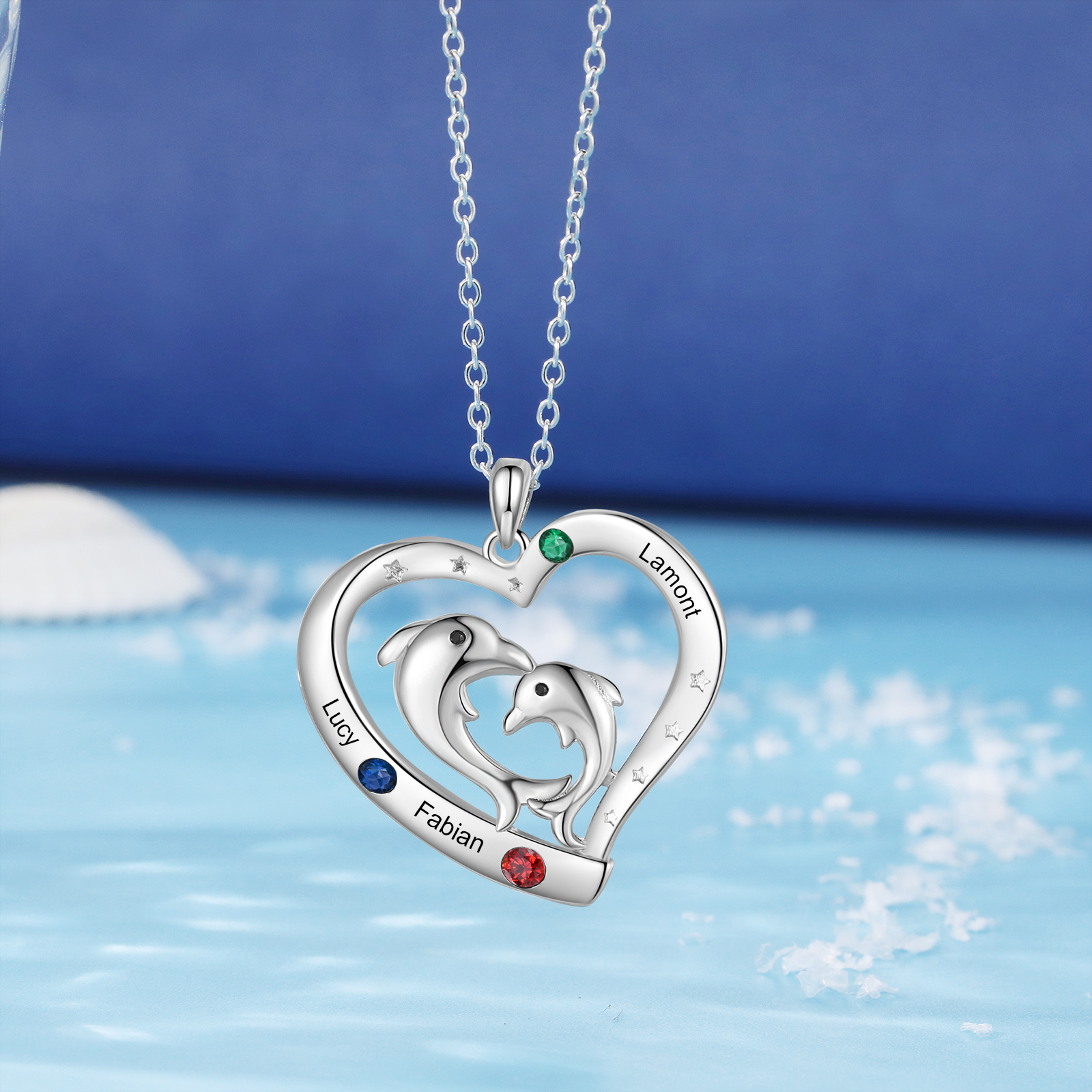 3 Names - Personalised Beautiful Dolphin Heart Necklace with Customized Name and Birthstone Gift for Her