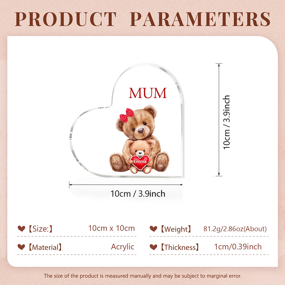 1 Name-Personalised Mum Acrylic Heart Keepsake Custom Text Love Teddy Bear Ornaments Gifts Set With Gift Box for Grandma/Mother