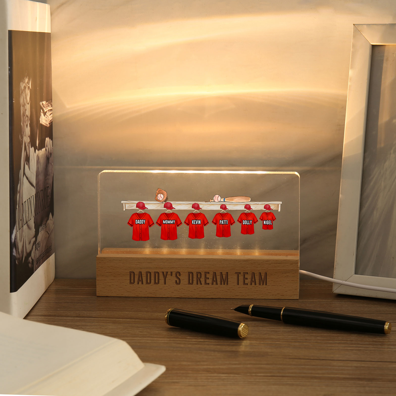 6 Names - Personalised Baseball Jersey Desk Lamp - Dad's Dream Team - Father's Day Gift for Dad