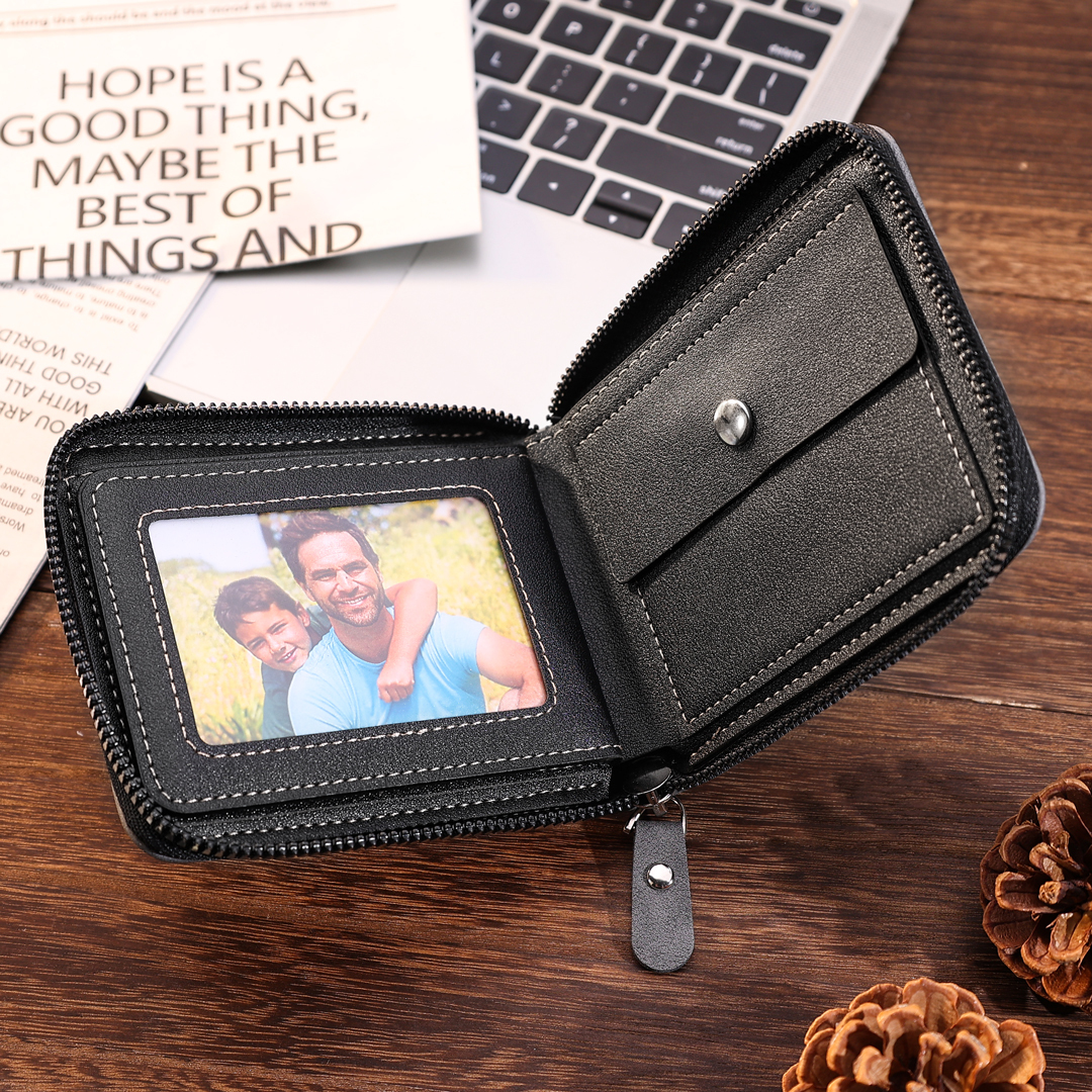 Photo Personalised Leather Zipper Men's Wallet Custom Text Fold Wallet With Gift Box for Dad