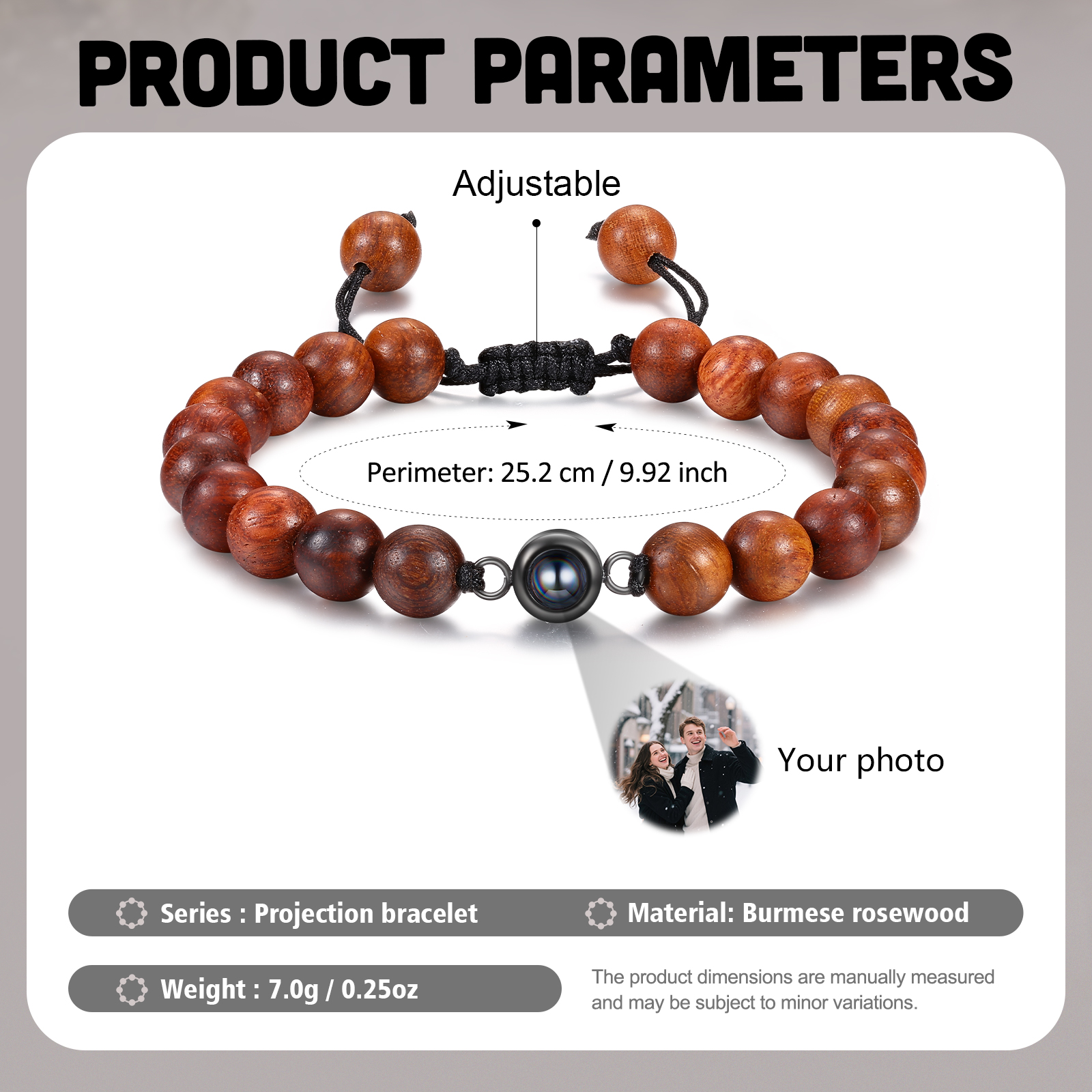 Personalised Meditation Rosewood Photo Projection Bracelet