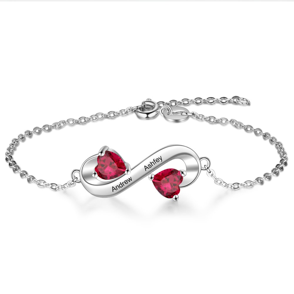 Personalized Infinity Heart Bracelet with 2 Birthstones Engraved 2 Names Bracelet - Valentines Gifts for Her