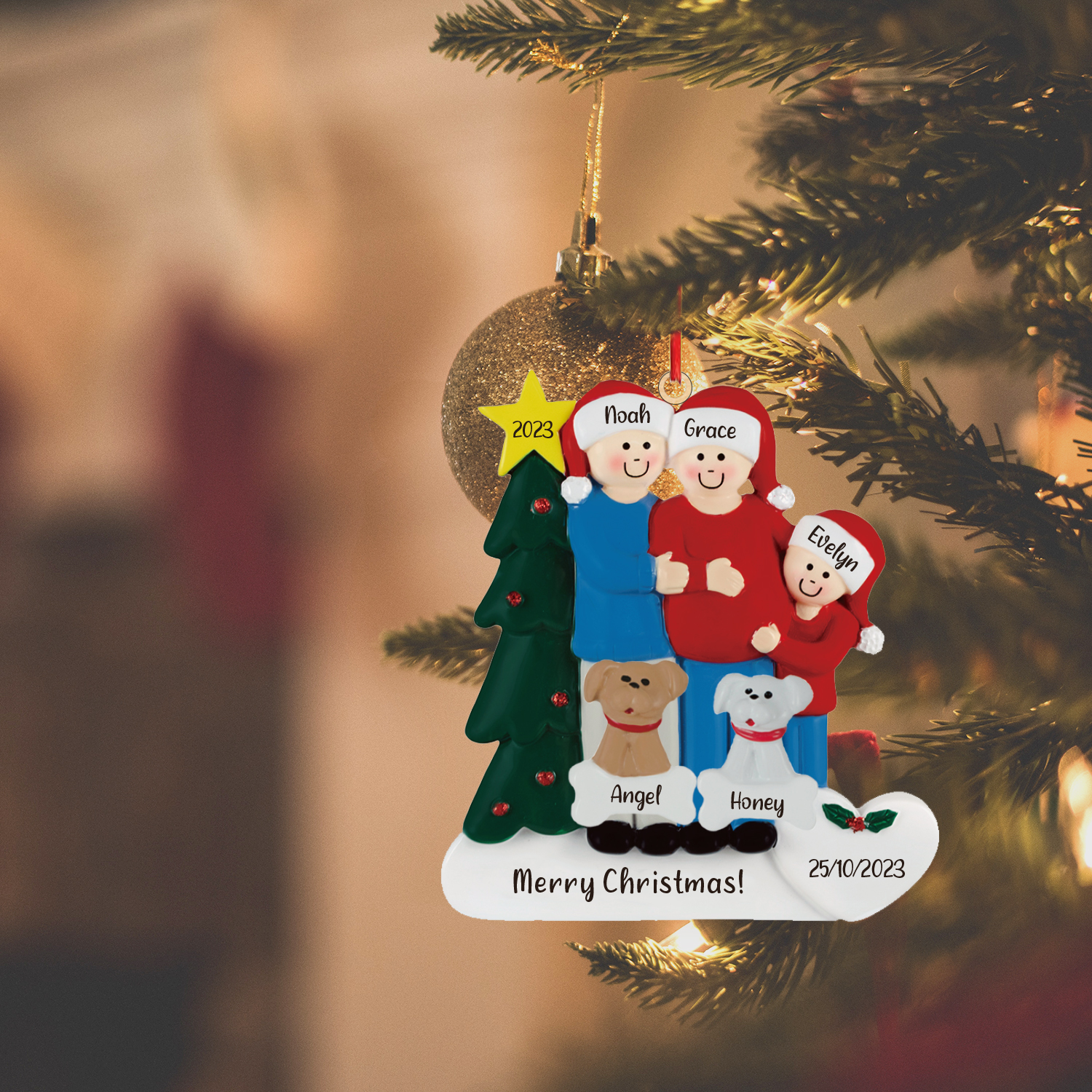5 Names-Personalised Family Wooden Christmas Xmas Tree Decoration Ornament-Custom 5 Names And Dates Hanging Ornament Gifts For Family