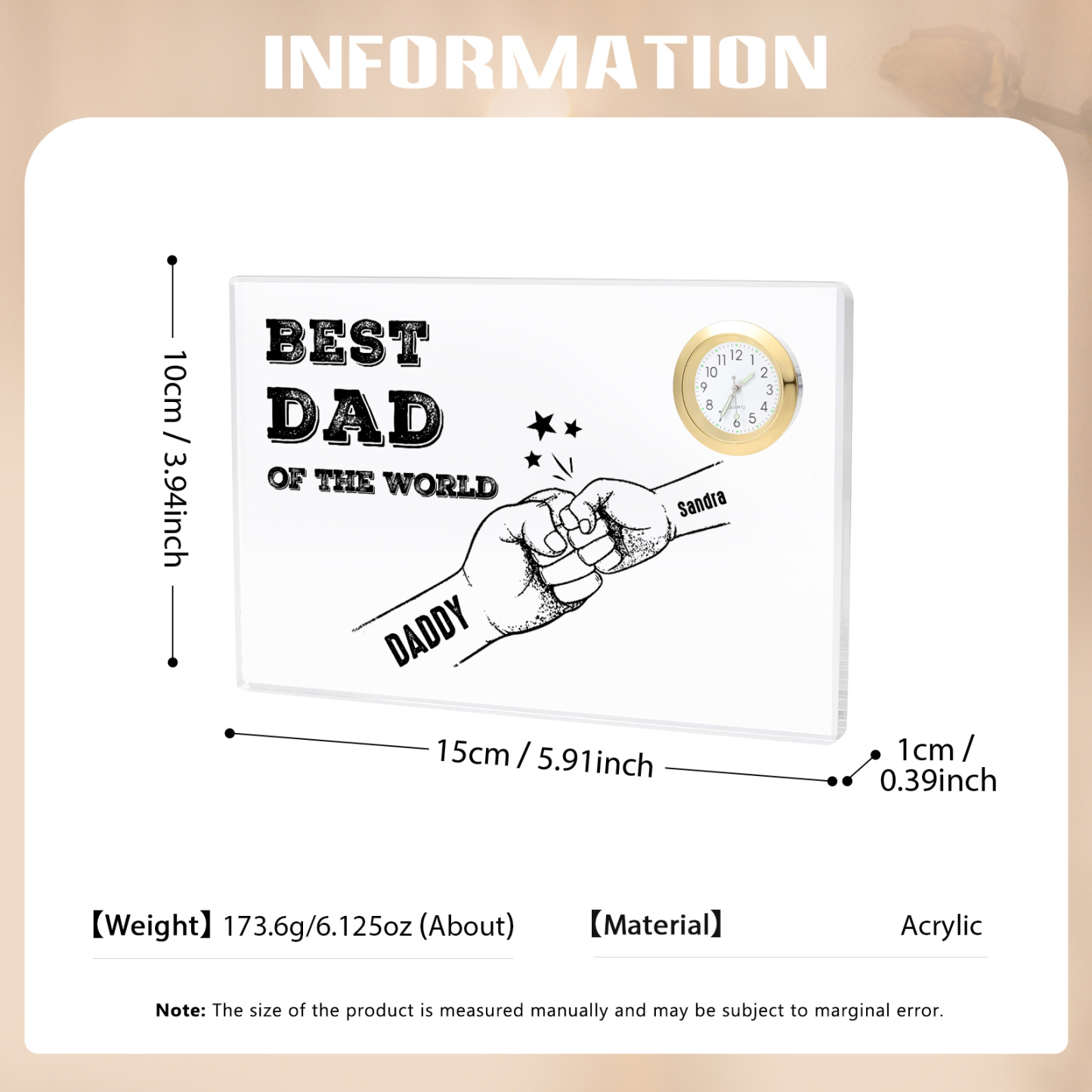 2 Names - Personalised Fist Bump Acrylic Rectangular Clock Ornament Father's Day Gift for Dad