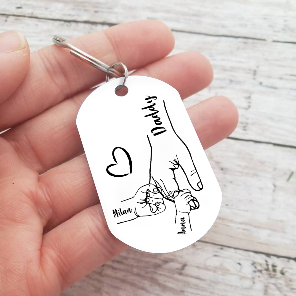 2 Names - Personalised Holding Hands Keyring with name and text Gift for Dad