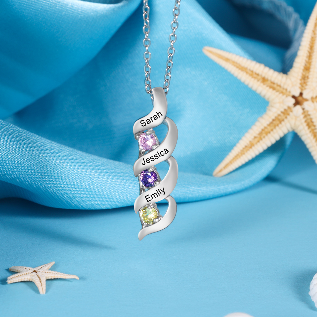 3 Names-Personalised Necklace Cascading Pendant with 3 Birthstones Engraving 3 Names Gifts for Her
