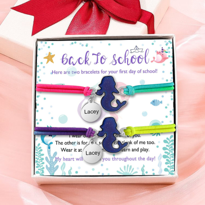 2 Pcs Personalized Name Color Changing Bracelets Cute Cartoon Animal Mermaid Stretch Bracelet Set Back to School Gift for Girls