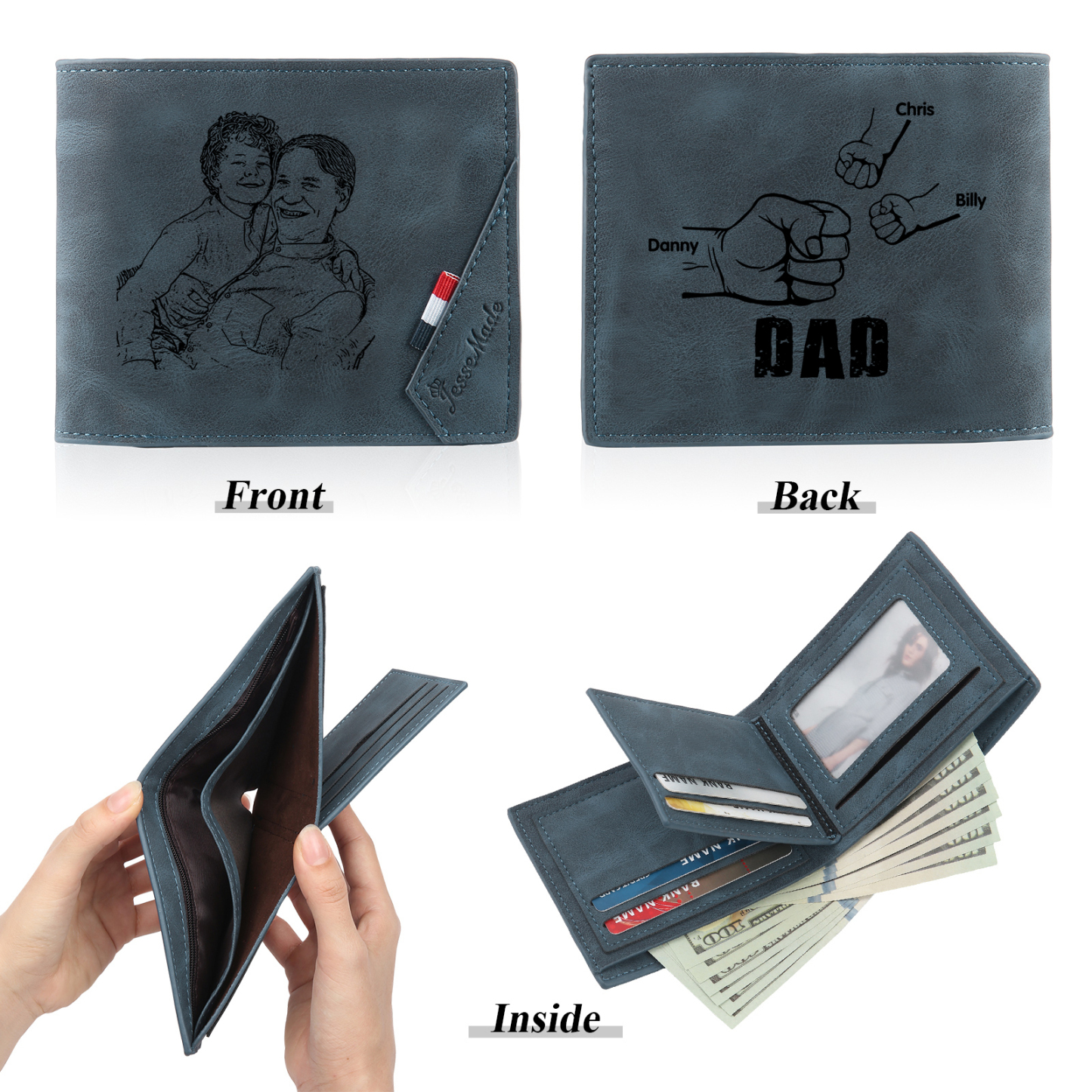 3 Names - Personalised Fist Bump Photo Custom Leather Men's  Wallet as a Father's Day Gift for Dad