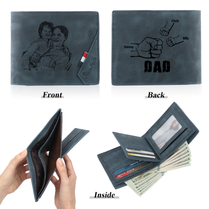 3 Names - Personalised Fist Bump Photo Custom Leather Men's  Wallet as a Father's Day Gift for Dad