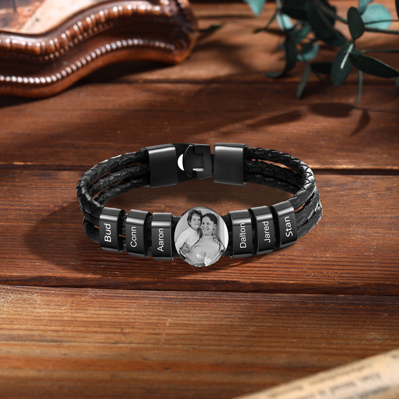 Personalized Braided Leather Bracelet Engraved with 6 Names and Customized 1 Photo Men's Bracelet for Dad