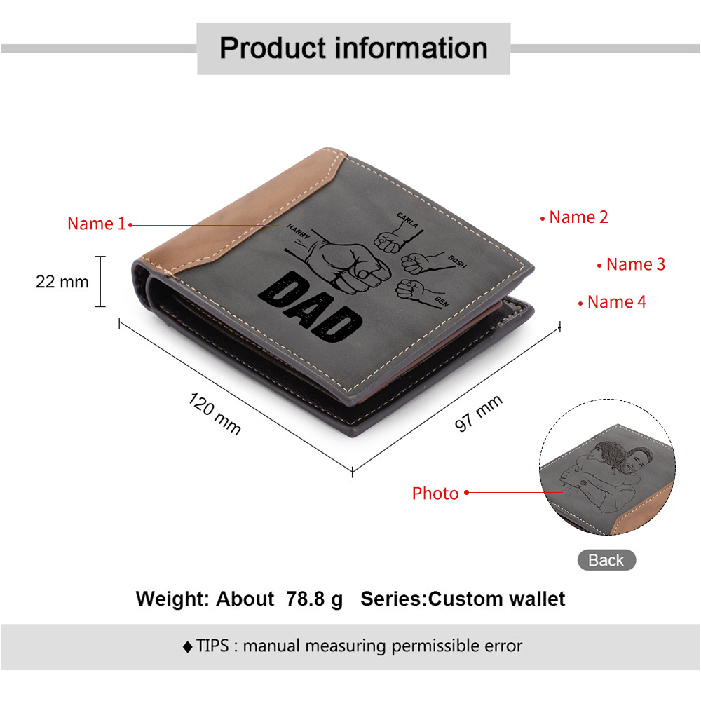 4 Names - Personalised Fist Bump Photo Custom Leather Men's Wallet With Gift Box as a Father's Day Gift for Dad