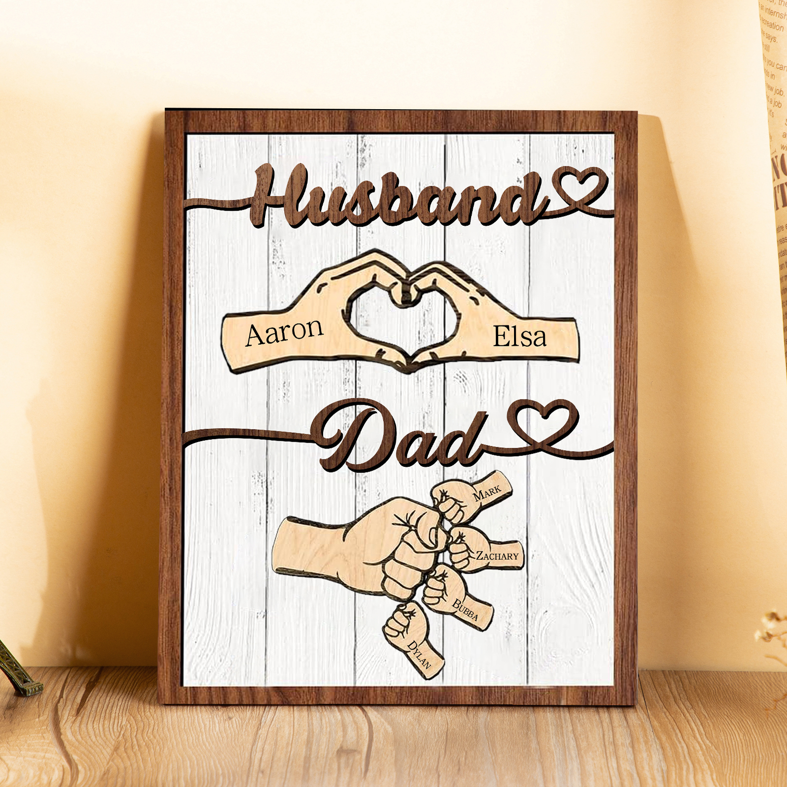 6 Names - Personalised Fist Bump Home Wooden Decor Father's Day Gift for Dad