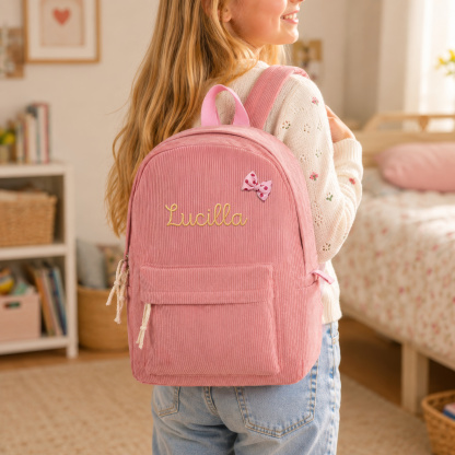 Personalised Corduroy Children’s Backpack with Bow Patch, School Bag with Embroidered Name