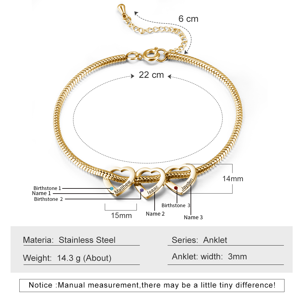 3 Names & 3 Birthstones Heart Charm Custom Birthstone Anklet – Mother’s Day Gift with Love | Jessemade