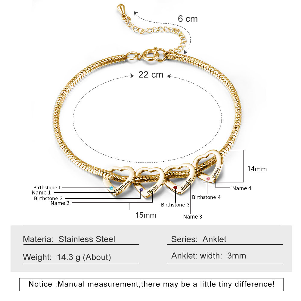 4 Names & 4 Birthstones Heart Charm Custom Birthstone Anklet – Mother’s Day Gift with Love | Jessemade