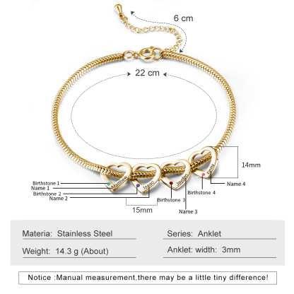 4 Names & 4 Birthstones Heart Charm Custom Birthstone Anklet – Mother’s Day Gift with Love | Jessemade