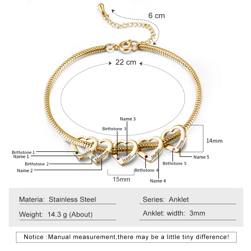 5 Names & 5 Birthstones Heart Charm Custom Birthstone Anklet – Mother’s Day Gift with Love | Jessemade