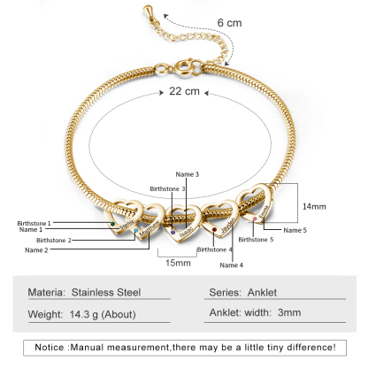 5 Names & 5 Birthstones Heart Charm Custom Birthstone Anklet – Mother’s Day Gift with Love | Jessemade