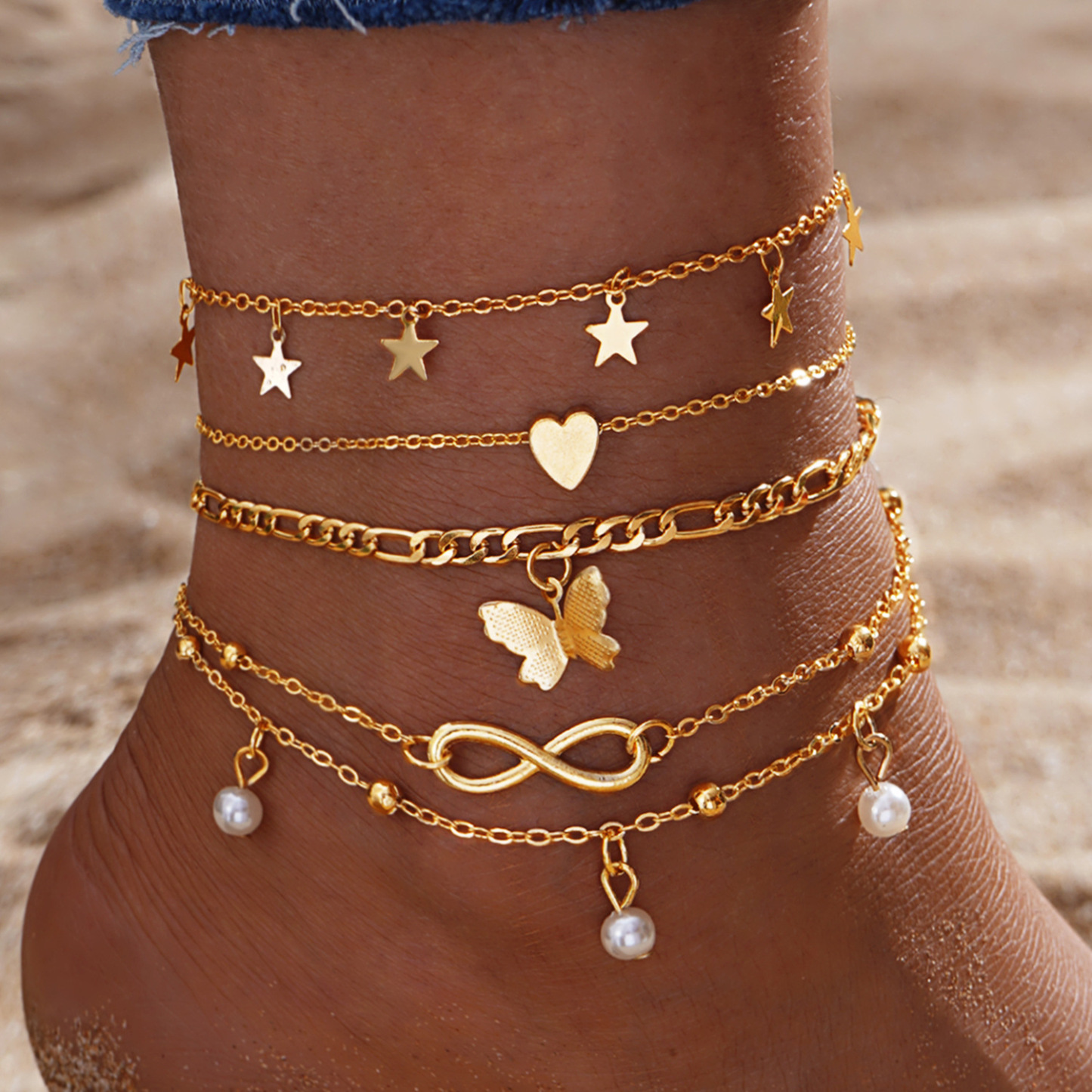 Elegant Gold Star Anklet Set with Pearl and Crystal Accents – Perfect 
