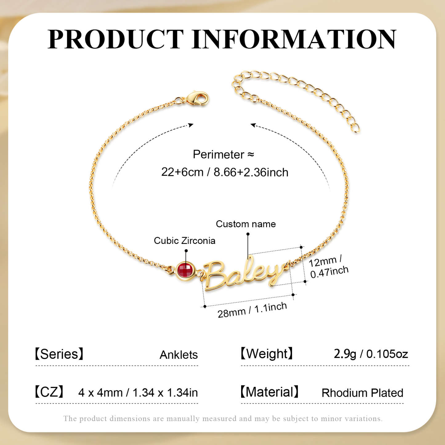 Personalised Name Anklet with Birthstone – Unique Script Name & Birthstone, Personalised Gold Jewellery Gift