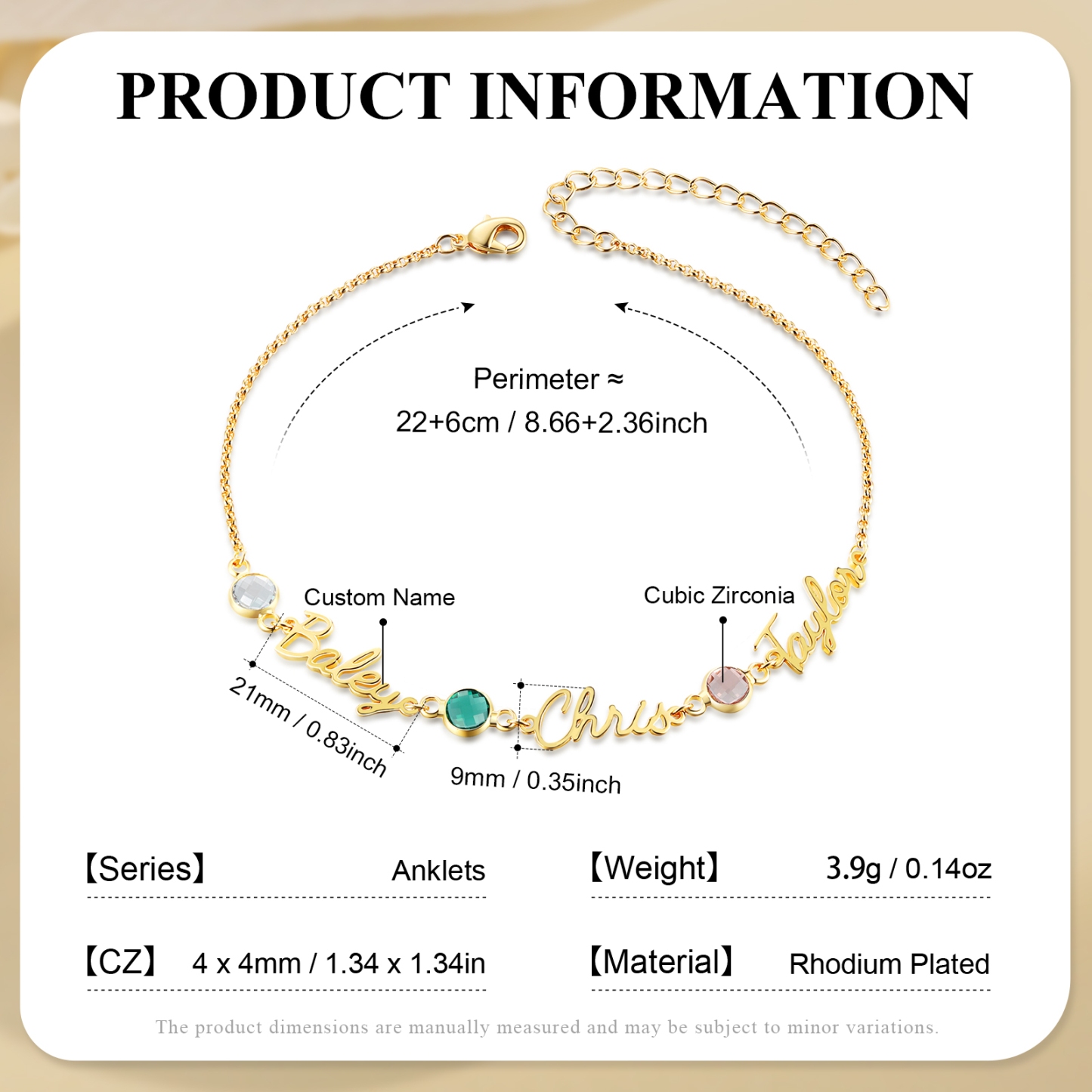 Personalised 1-5 Names Anklet with Birthstone – Custom Gold Jewellery Gift | Jessemade
