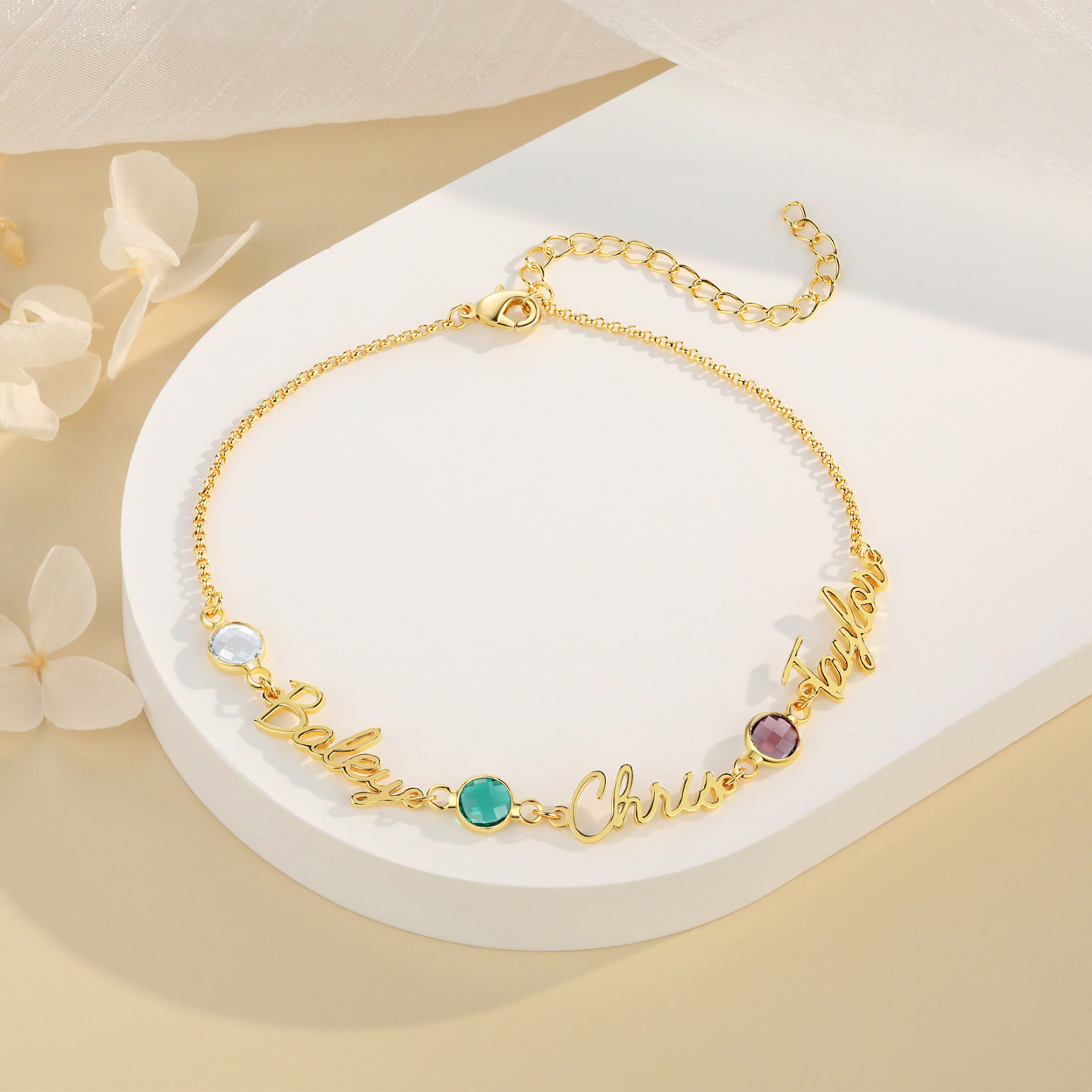 Personalised 1-5 Names Anklet with Birthstone – Custom Gold Jewellery Gift | Jessemade