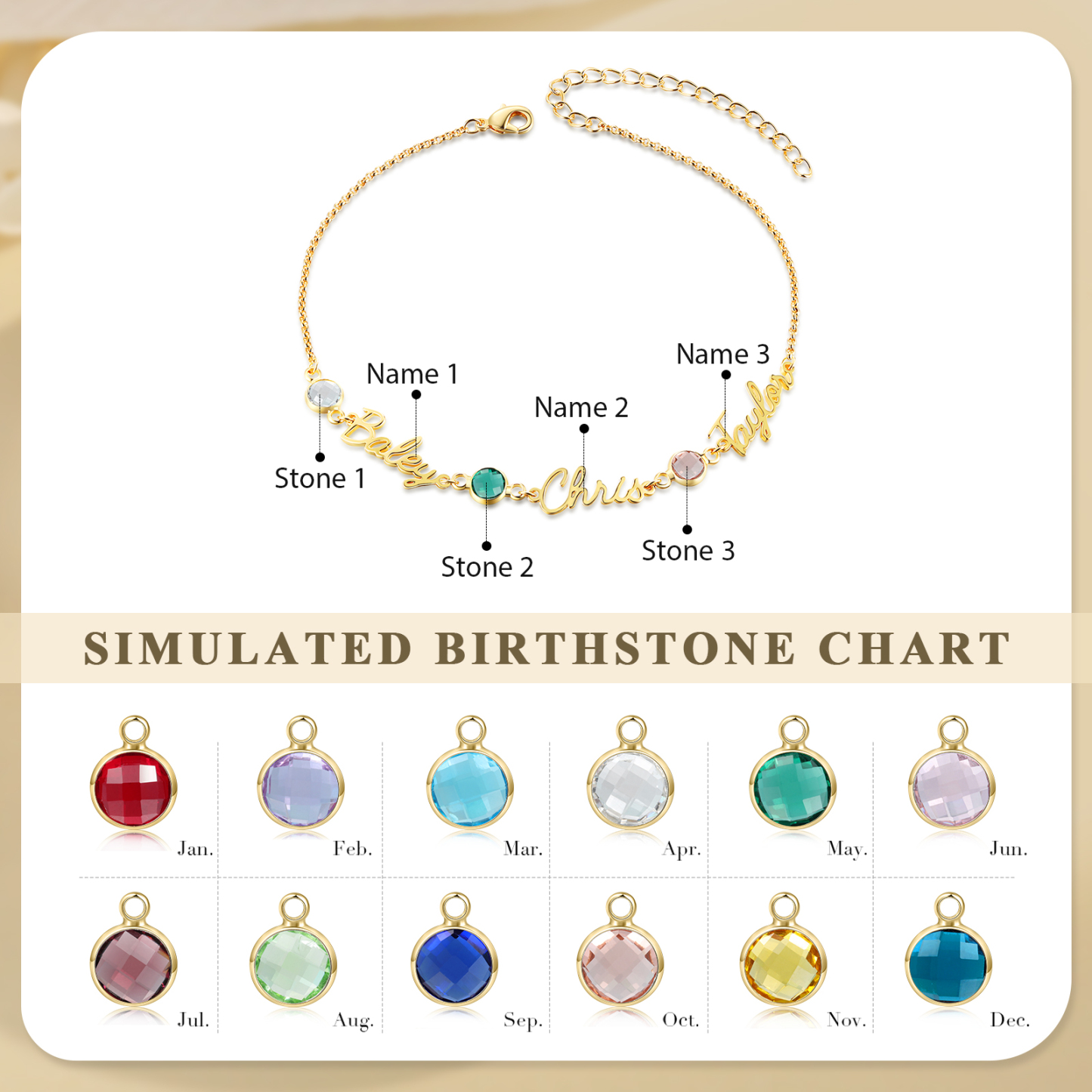 Personalised 1-5 Names Anklet with Birthstone – Custom Gold Jewellery Gift | Jessemade