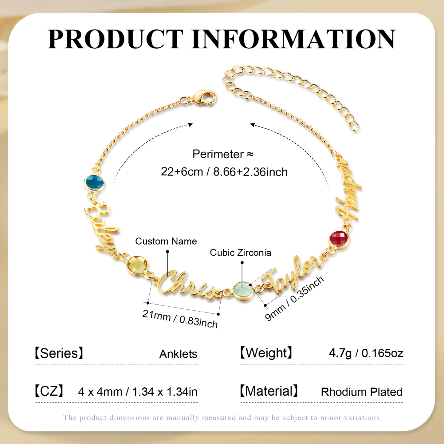 Personalised 1-5 Names Anklet with Birthstone – Custom Gold Jewellery Gift | Jessemade