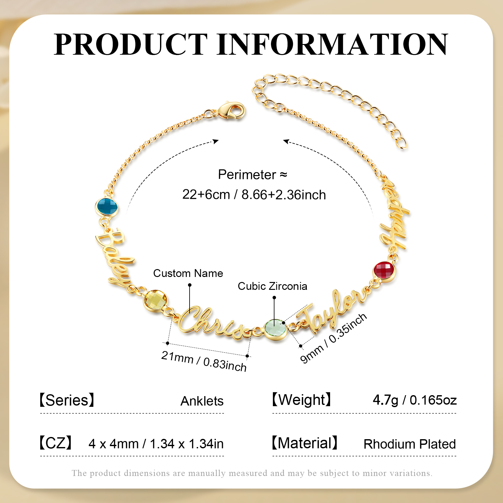 Personalised 1-5 Names Anklet with Birthstone – Custom Gold Jewellery Gift | Jessemade
