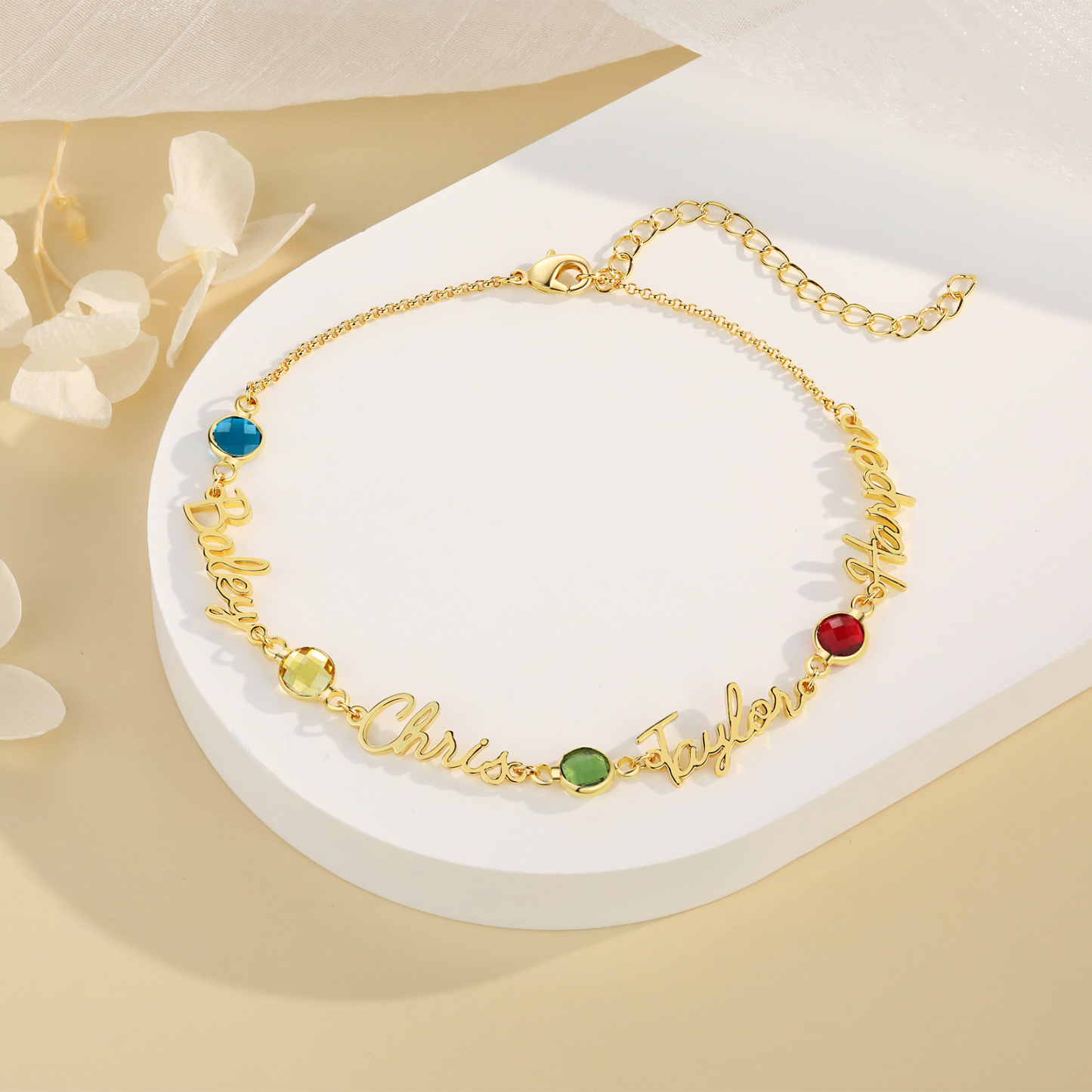 Personalised 1-5 Names Anklet with Birthstone – Custom Gold Jewellery Gift | Jessemade