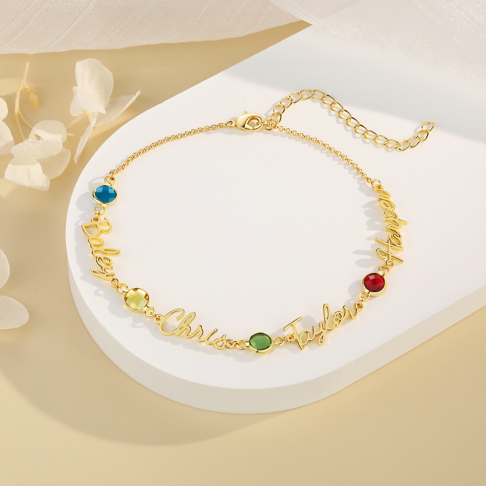 Personalised 1-5 Names Anklet with Birthstone – Custom Gold Jewellery Gift | Jessemade