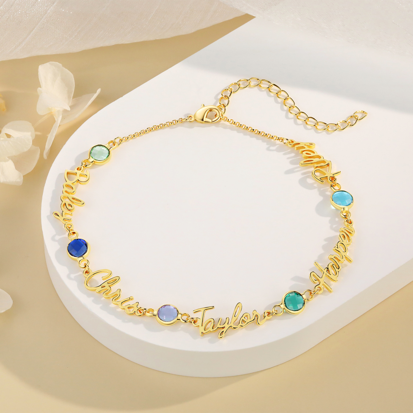 Personalised 1-5 Names Anklet with Birthstone – Custom Gold Jewellery Gift | Jessemade