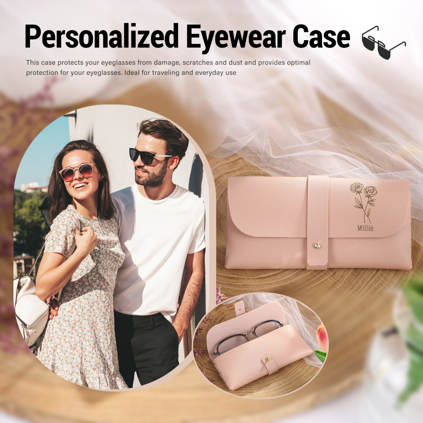 Personalized Glasses Case – Custom Name & Birth Flower, Available in Pink, Brown, Beige, and Blue | Jessemade