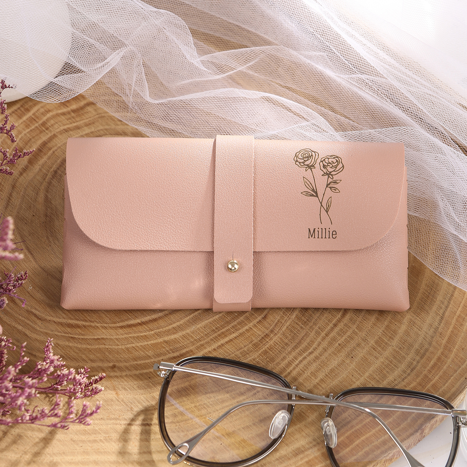 Personalized Glasses Case Custom Name Birth Flower Available in Pink Brown Beige and Blue Jessemade