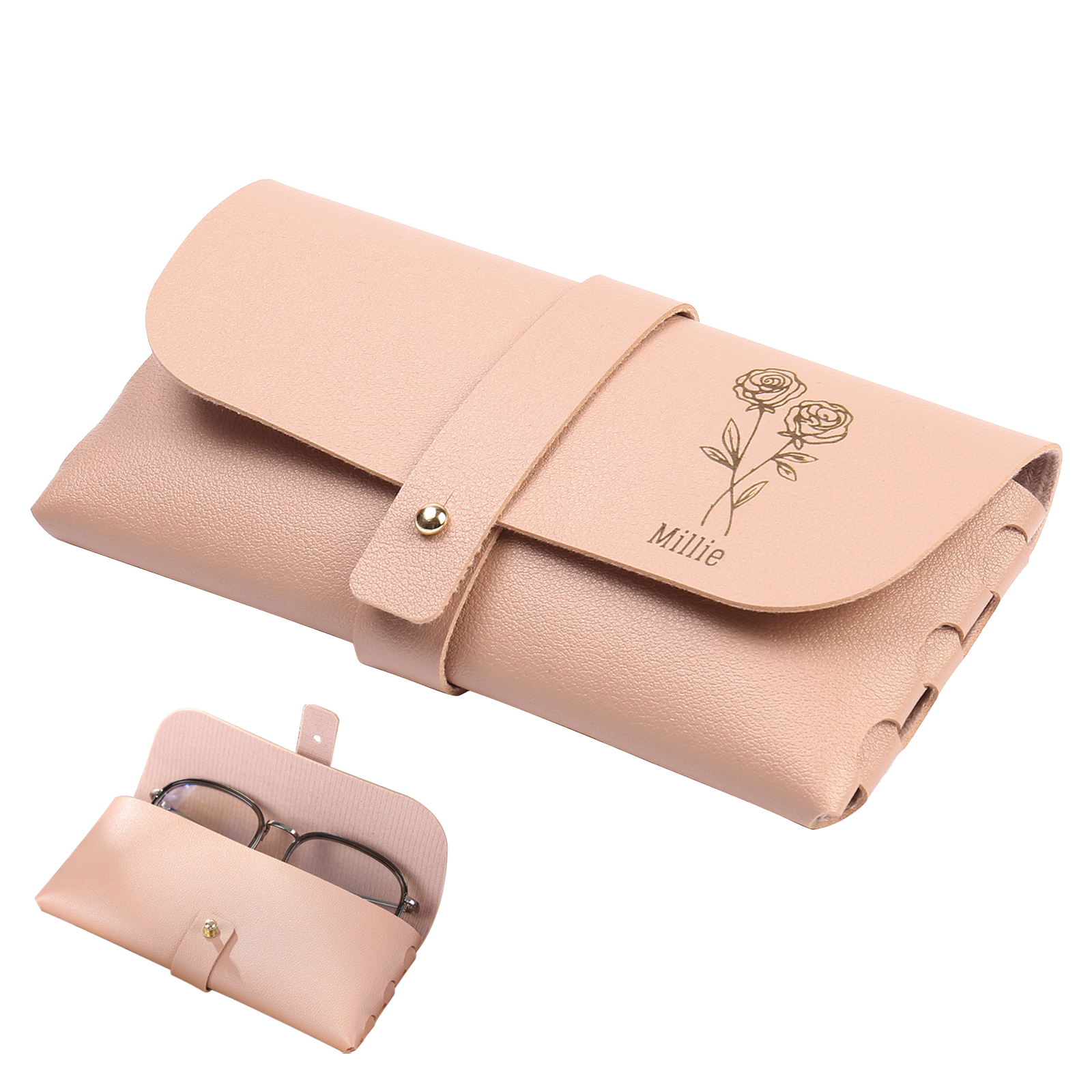 Personalized Glasses Case – Custom Name & Birth Flower, Available in Pink, Brown, Beige, and Blue | Jessemade