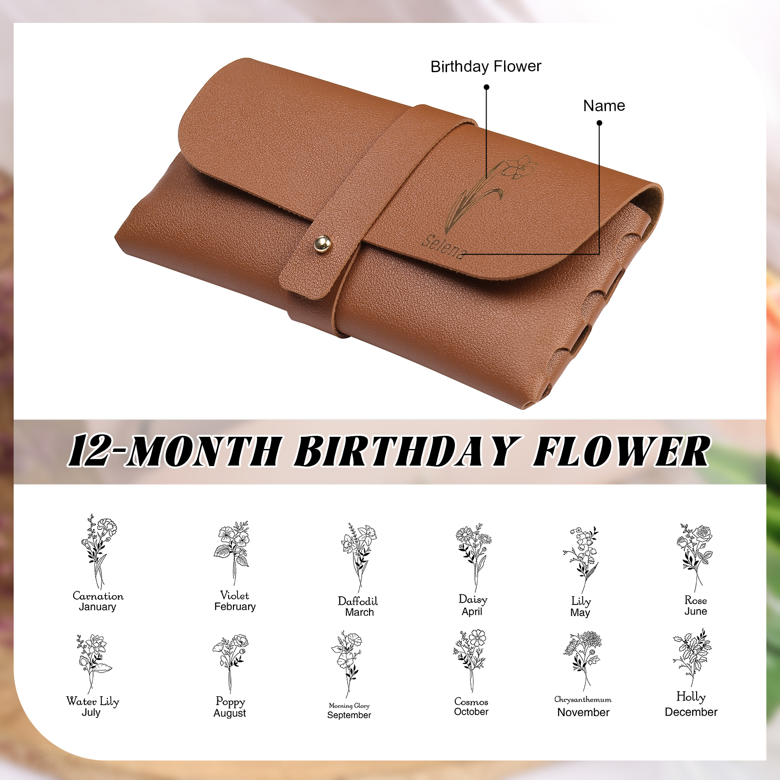 Personalized Glasses Case – Custom Name & Birth Flower, Available in Pink, Brown, Beige, and Blue | Jessemade