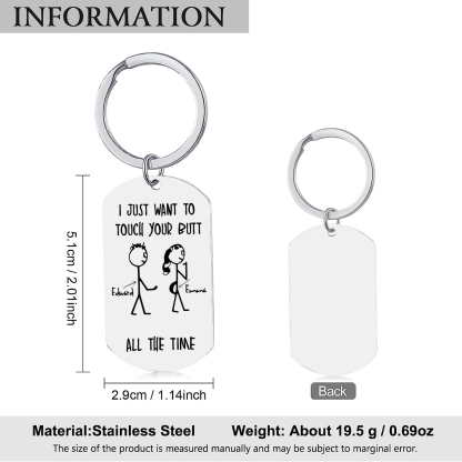 Personalised Keyring with Custom 2 Names - "I Just Want to Touch Your Butt All the Time" Stick Figure Design, Valentine’s Day Gift for Couple | Jessemade