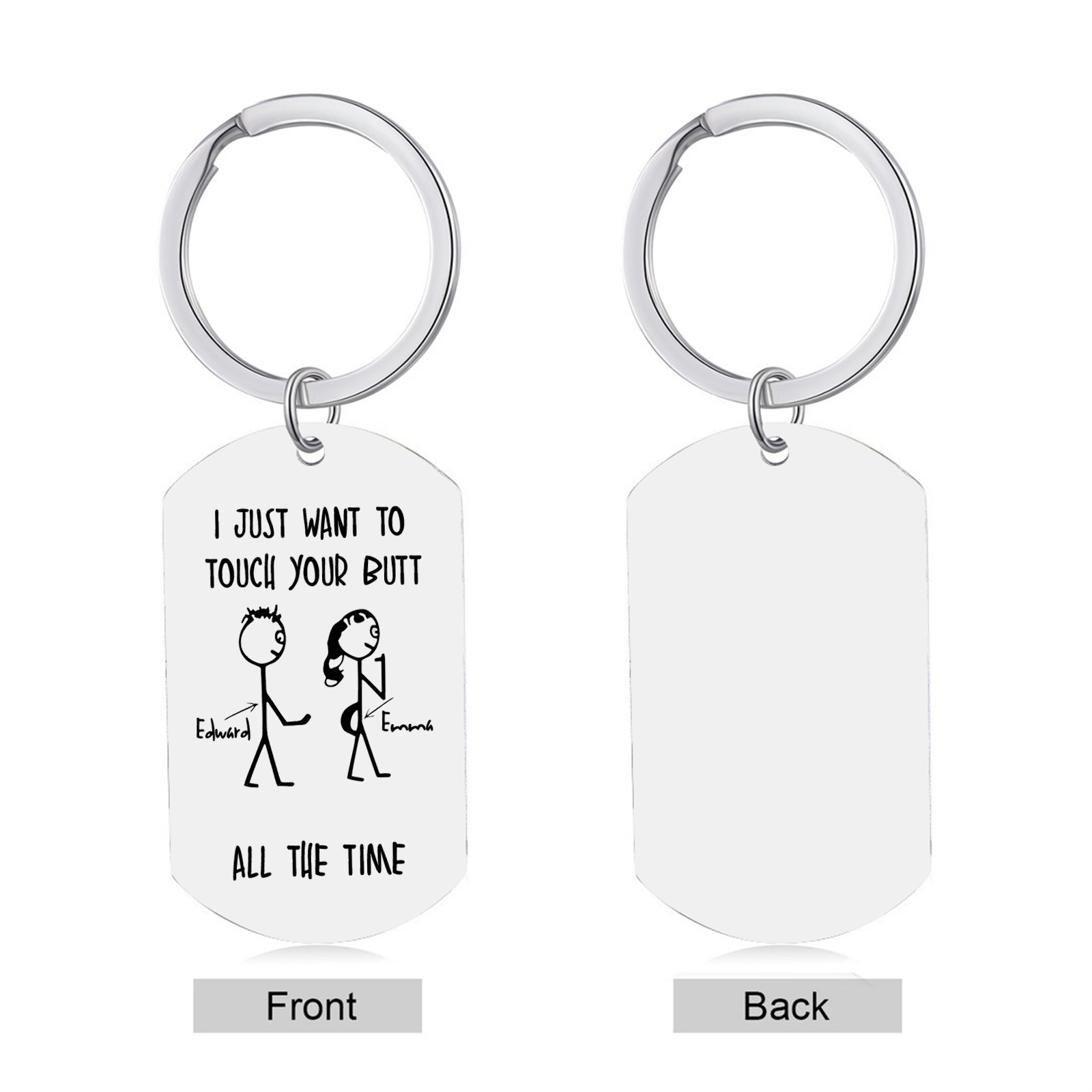 Personalised Keyring with Custom 2 Names - "I Just Want to Touch Your Butt All the Time" Stick Figure Design, Valentine’s Day Gift for Couple | Jessemade