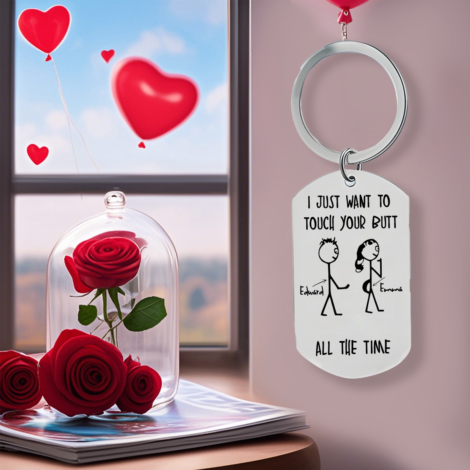 Personalised Keyring with Custom 2 Names - "I Just Want to Touch Your Butt All the Time" Stick Figure Design, Valentine’s Day Gift for Couple | Jessemade