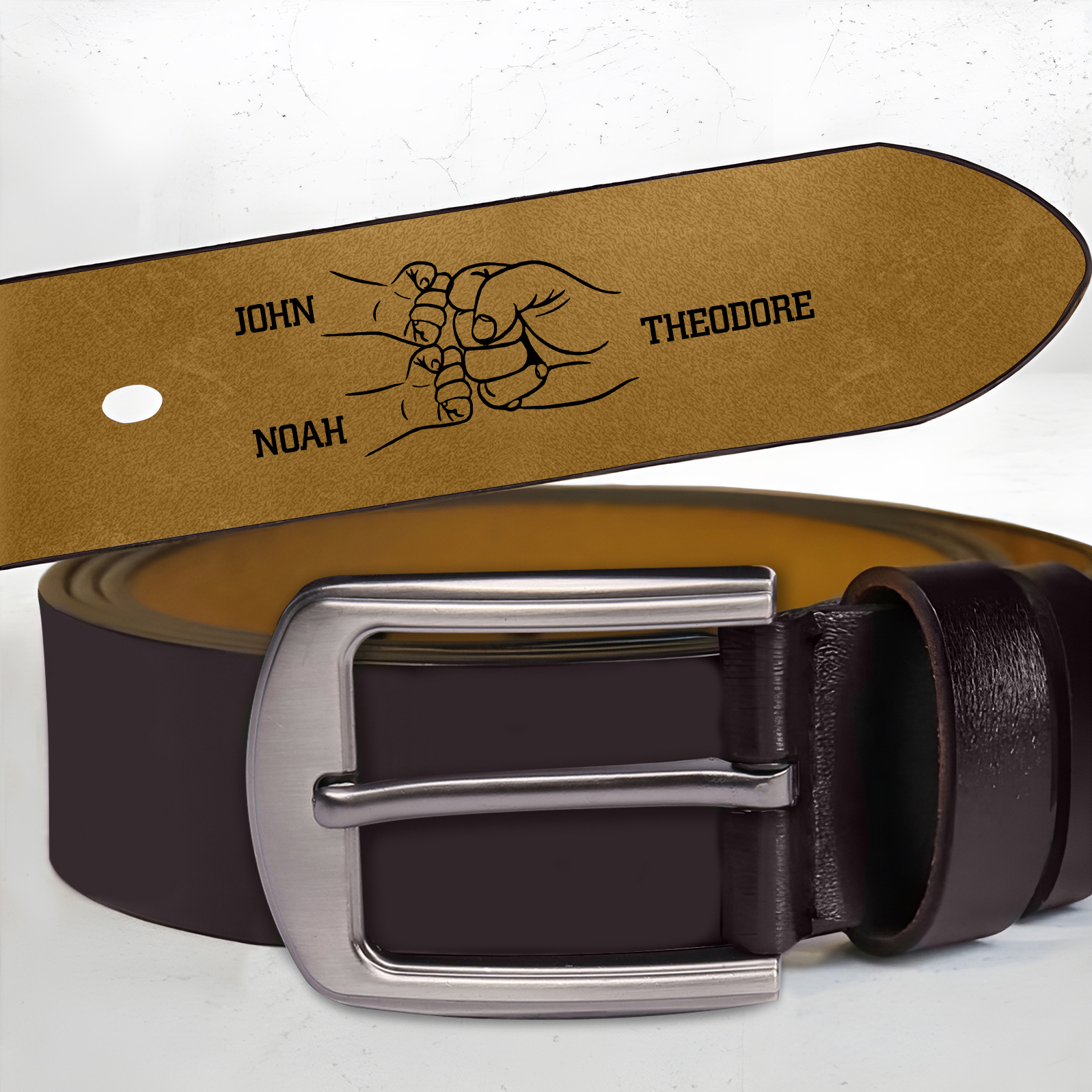 Personalised Fist Leather Belt, Custom Engraved 4 Names Adjustable Length Belt Gift for Dad | Jessemade