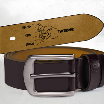 Personalised Fist Leather Belt, Custom Engraved 4 Names Adjustable Len