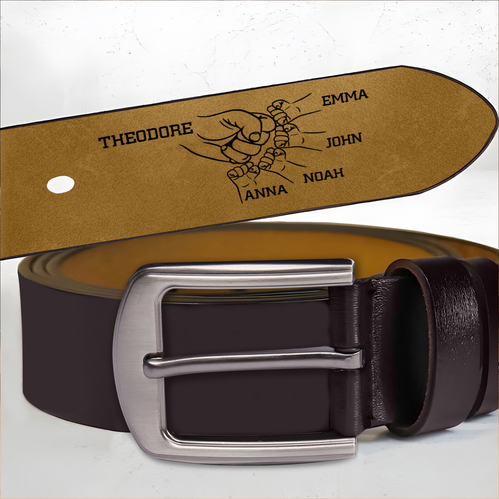 Personalised Fist Leather Belt Engraved 3-7 Names Adjustable Length Belt Gift for Dad