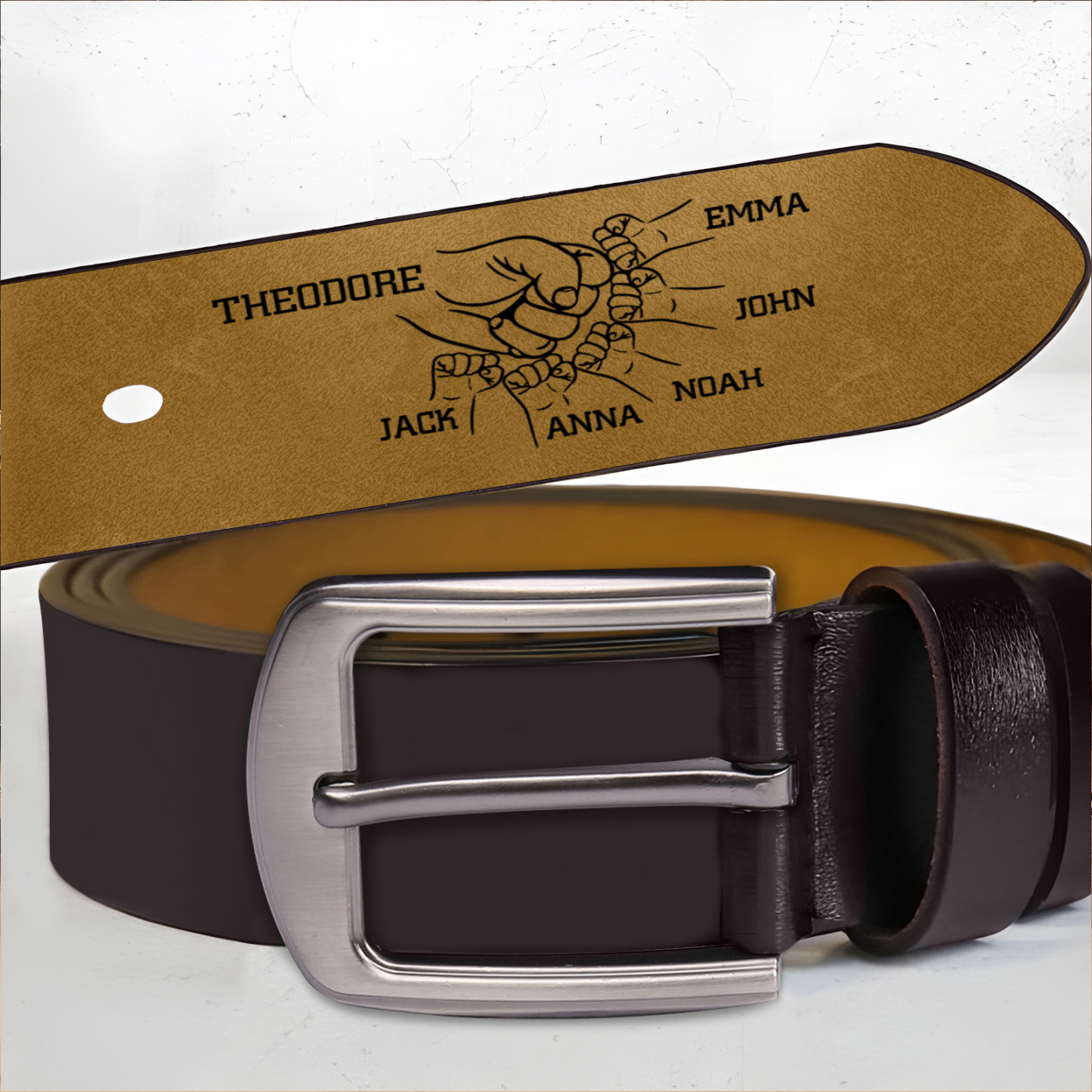 Personalised Fist Leather Belt Engraved 3-7 Names Adjustable Length Belt Gift for Dad
